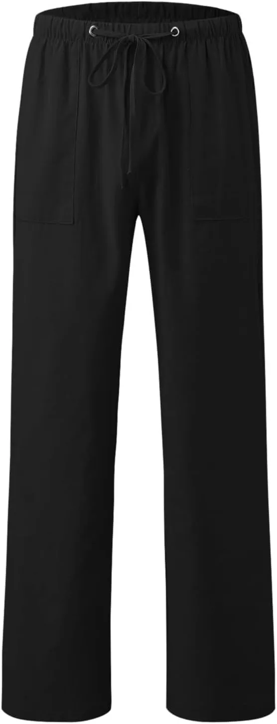 Mens Casual Pants Drawstring Elastic Waist Lightweight Solid Color Linen Pant Summer Yoga Beach Trousers with Pockets