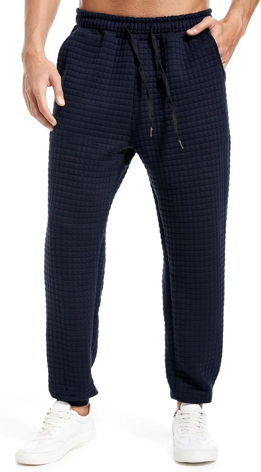 Mens Casual Pants Elastic Waist Drawstring Tapered Pants Waffle Chino Athletic Joggers Pants with Pockets