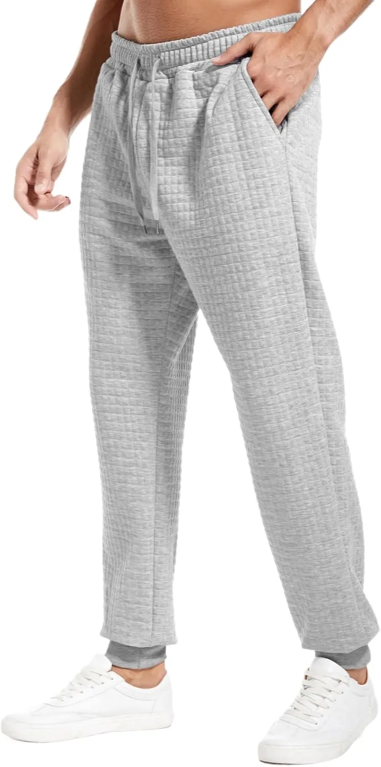 Mens Casual Pants Elastic Waist Drawstring Tapered Pants Waffle Chino Athletic Joggers Pants with Pockets