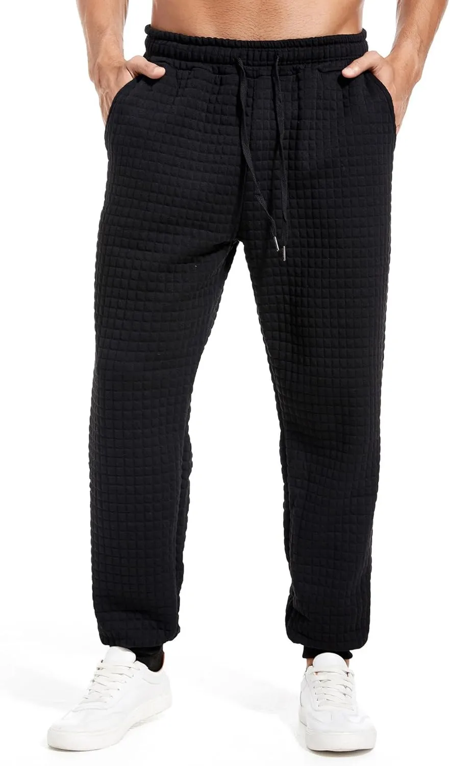Mens Casual Pants Elastic Waist Drawstring Tapered Pants Waffle Chino Athletic Joggers Pants with Pockets