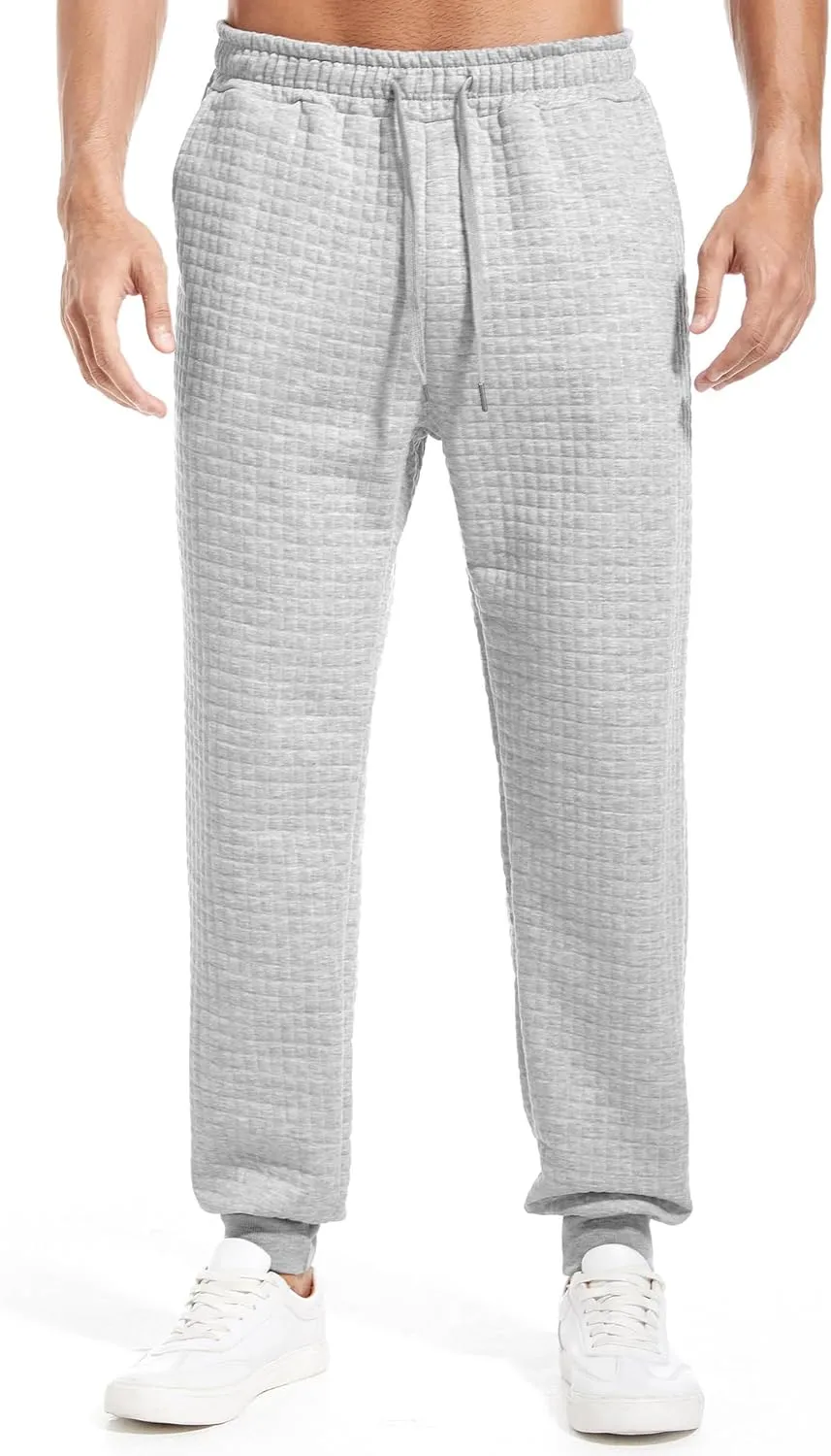 Mens Casual Pants Elastic Waist Drawstring Tapered Pants Waffle Chino Athletic Joggers Pants with Pockets