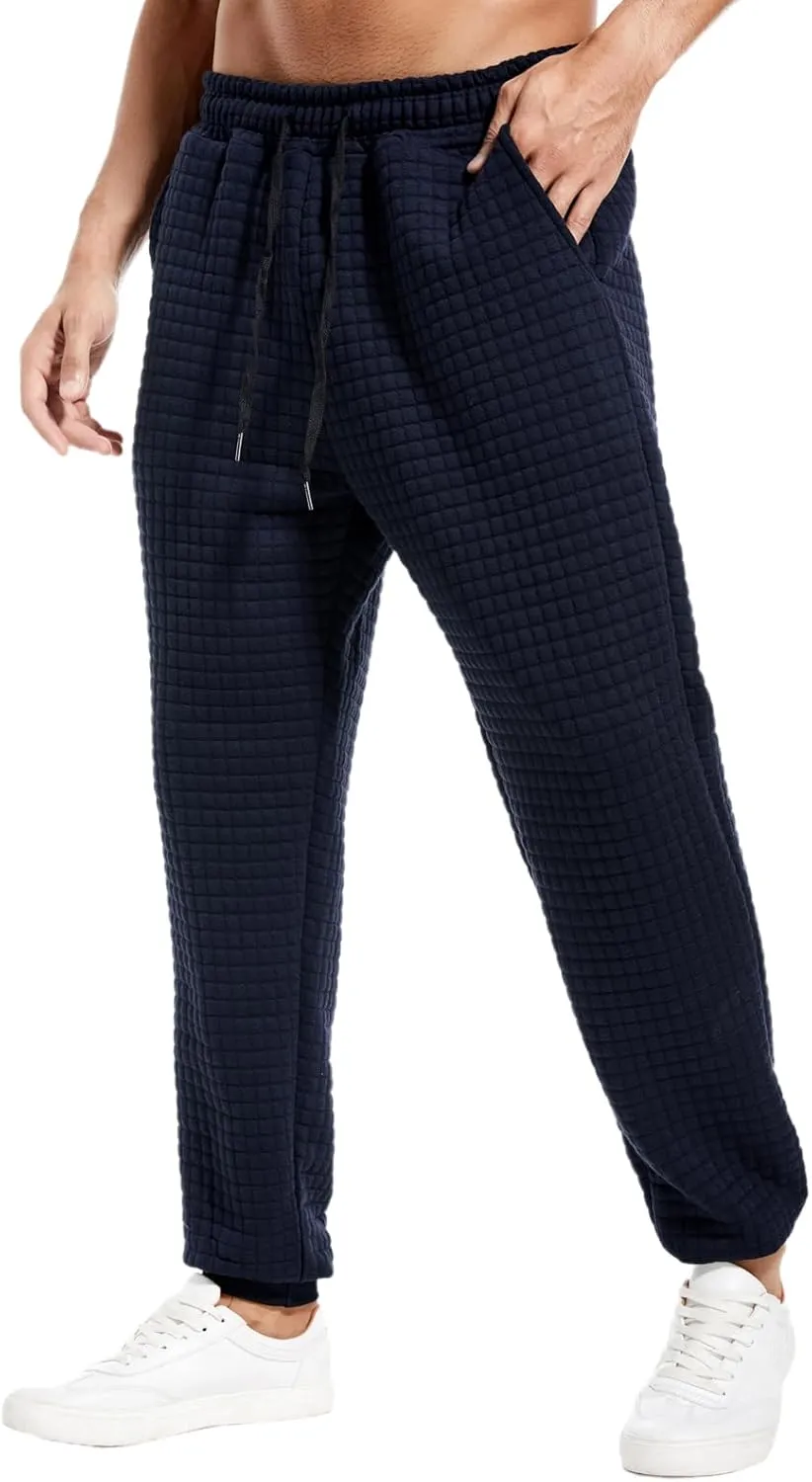 Mens Casual Pants Elastic Waist Drawstring Tapered Pants Waffle Chino Athletic Joggers Pants with Pockets