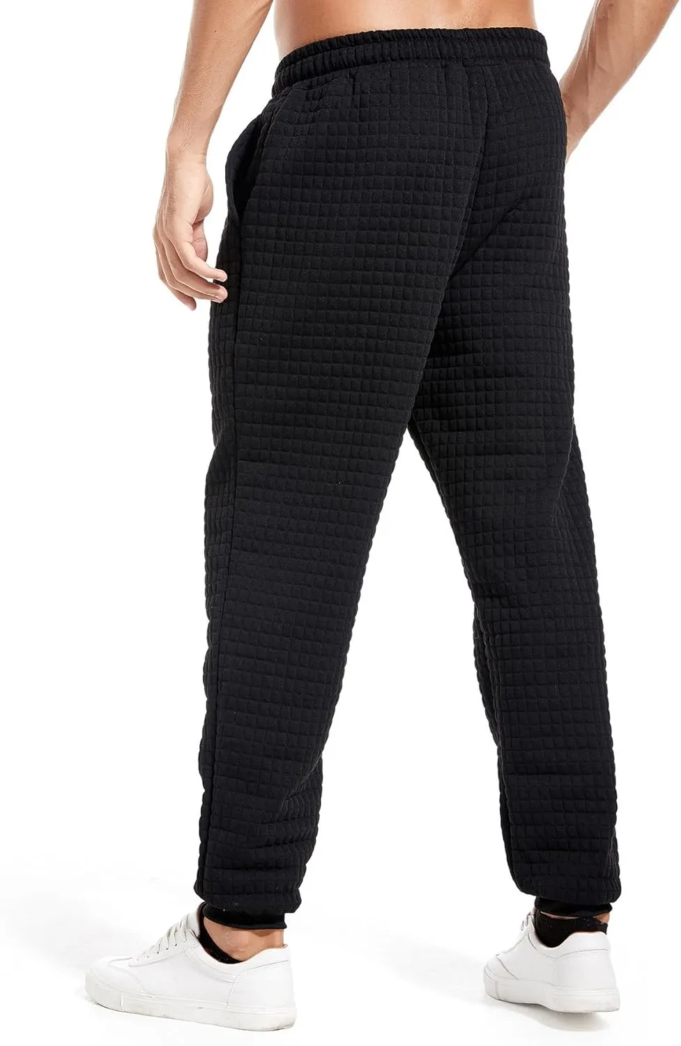 Mens Casual Pants Elastic Waist Drawstring Tapered Pants Waffle Chino Athletic Joggers Pants with Pockets