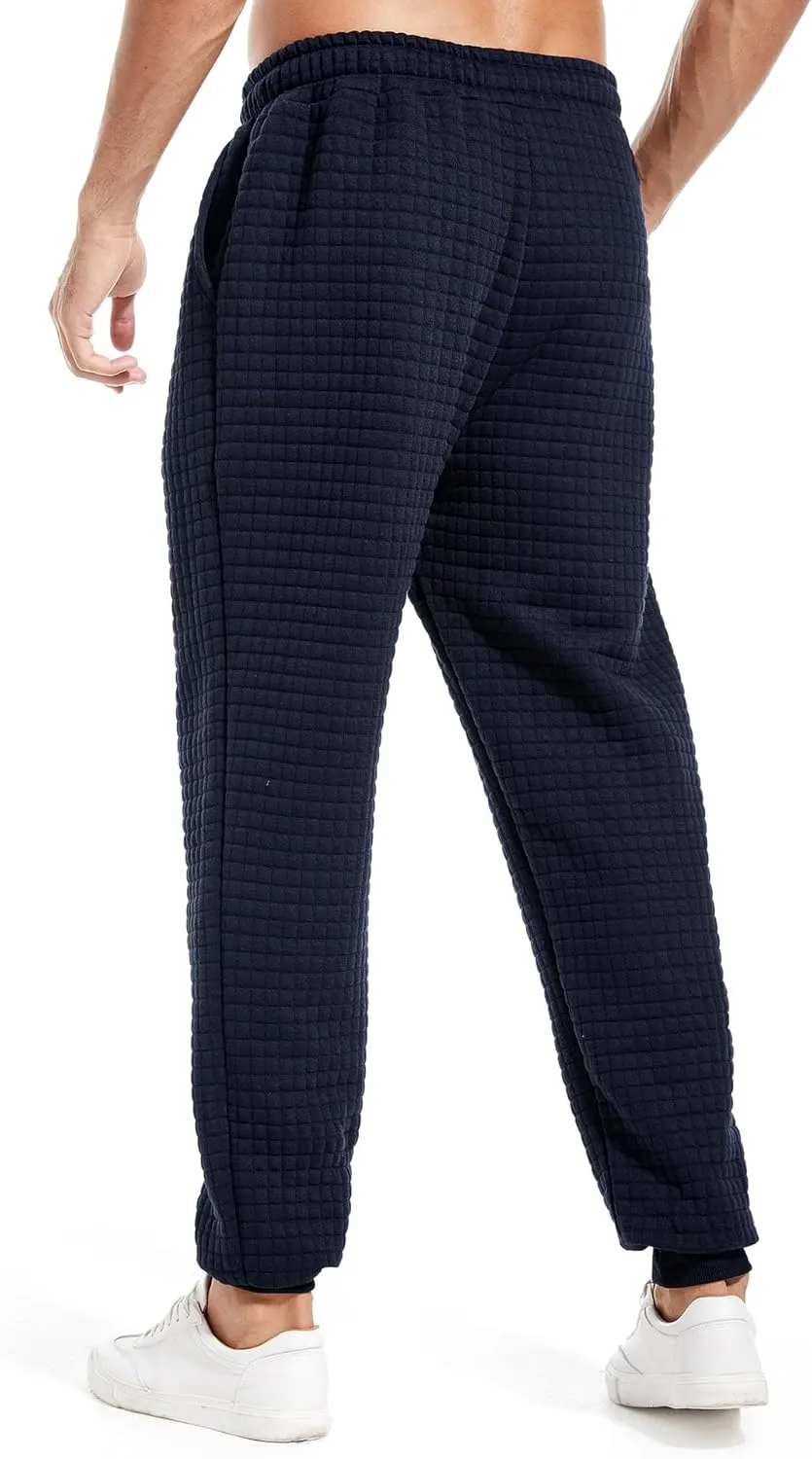 Mens Casual Pants Elastic Waist Drawstring Tapered Pants Waffle Chino Athletic Joggers Pants with Pockets
