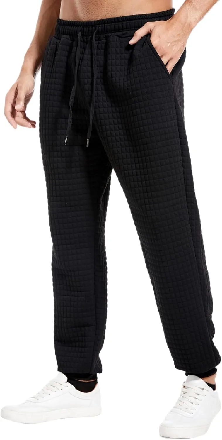 Mens Casual Pants Elastic Waist Drawstring Tapered Pants Waffle Chino Athletic Joggers Pants with Pockets