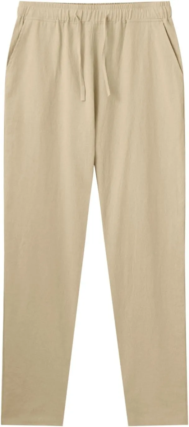 Mens Casual Pants Lightweight Drawstring Chino Pants, Summer Linen Elastic Waist Flat Front Cropped Pants