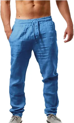 Mens Casual Pants Lightweight Drawstring Chino Pants, Summer Linen Elastic Waist Flat Front Cropped Pants