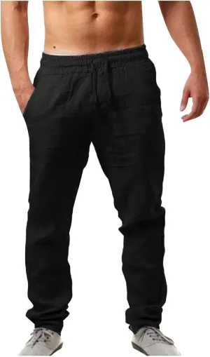 Mens Casual Pants Lightweight Drawstring Chino Pants, Summer Linen Elastic Waist Flat Front Cropped Pants