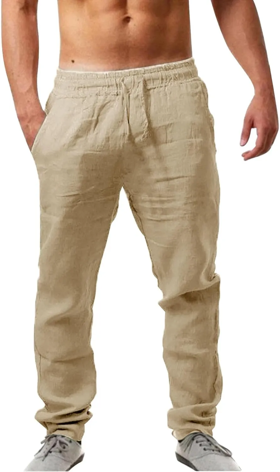 Mens Casual Pants Lightweight Drawstring Chino Pants, Summer Linen Elastic Waist Flat Front Cropped Pants