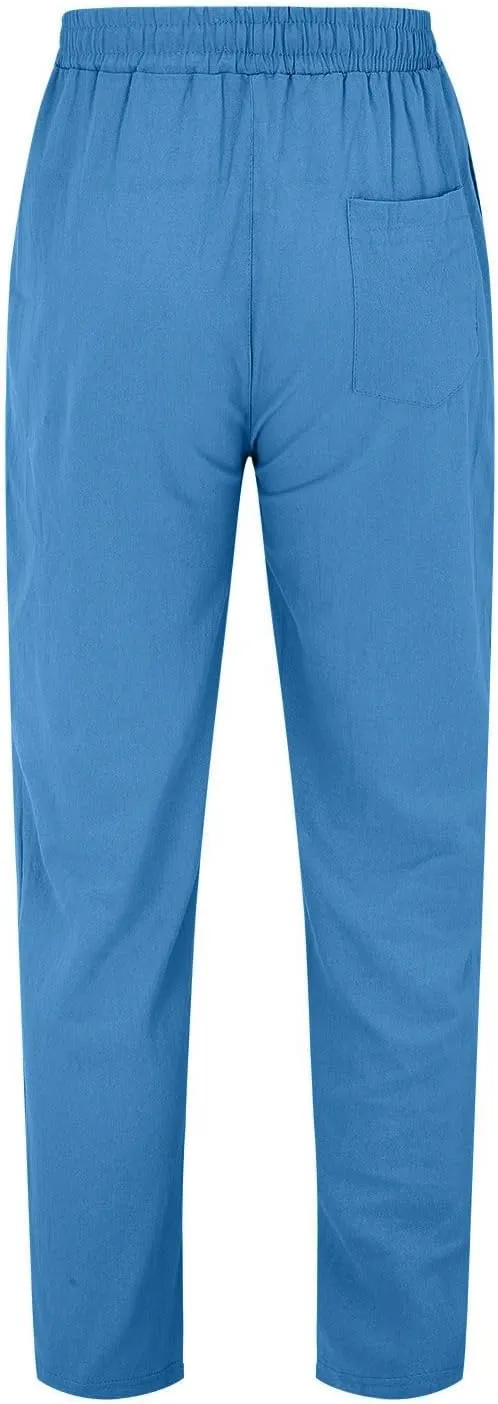 Mens Casual Pants Lightweight Drawstring Chino Pants, Summer Linen Elastic Waist Flat Front Cropped Pants