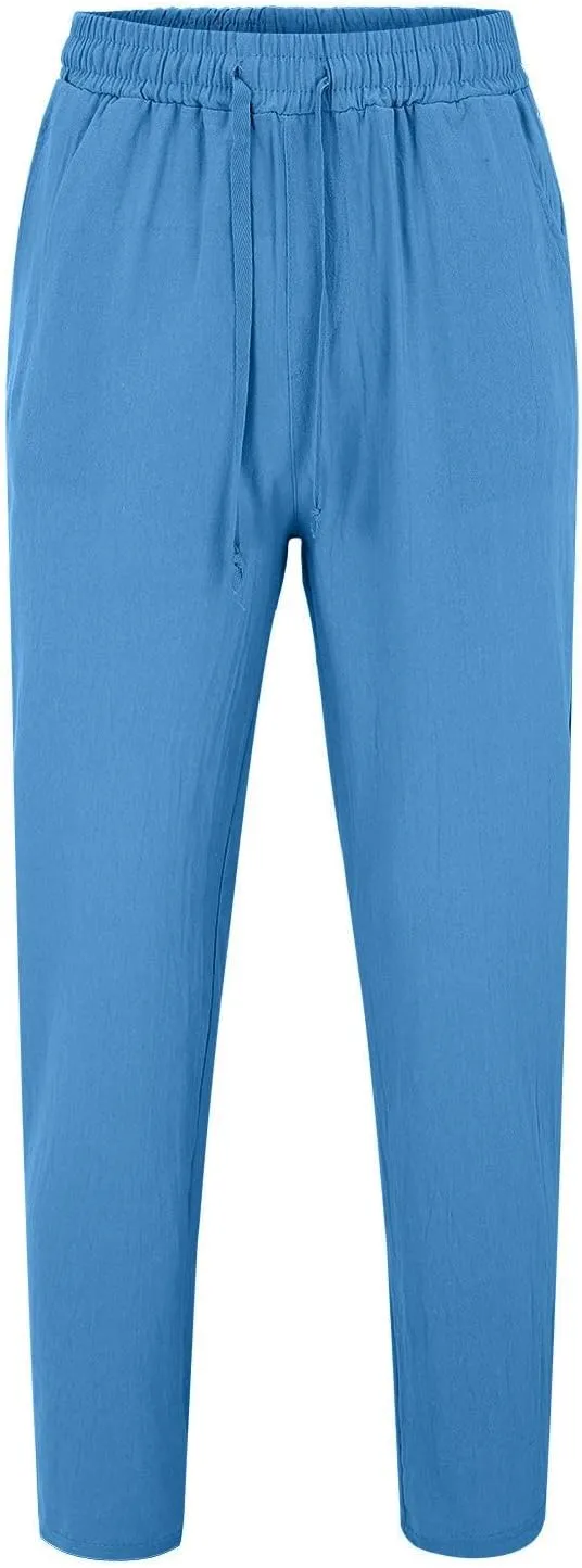 Mens Casual Pants Lightweight Drawstring Chino Pants, Summer Linen Elastic Waist Flat Front Cropped Pants