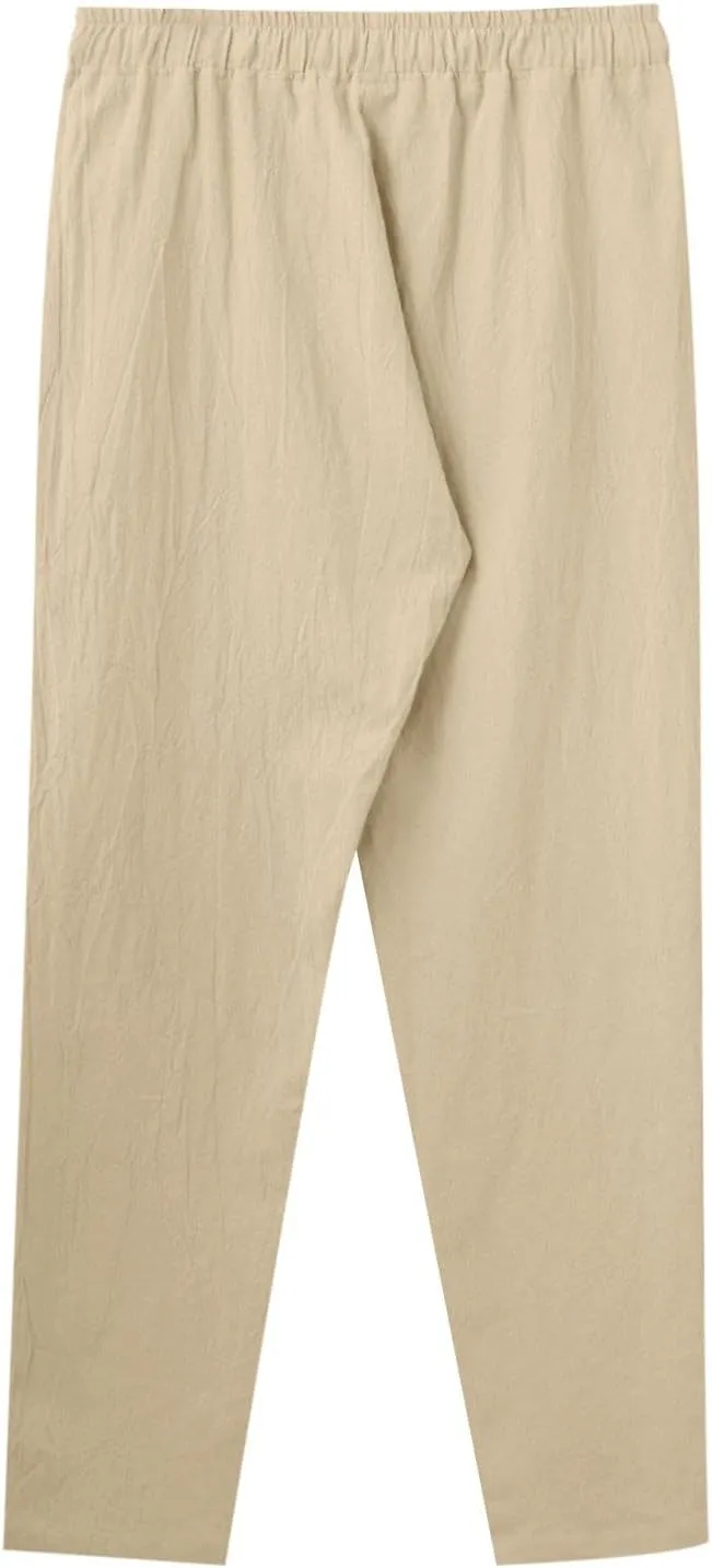 Mens Casual Pants Lightweight Drawstring Chino Pants, Summer Linen Elastic Waist Flat Front Cropped Pants