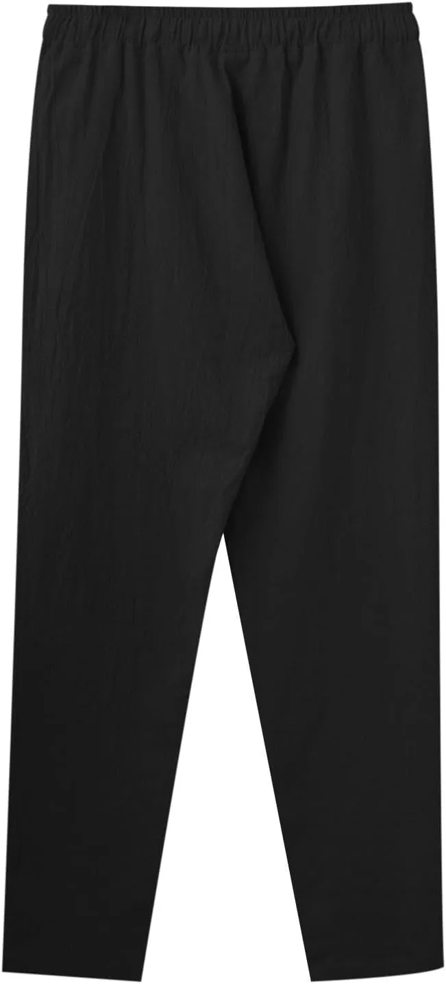 Mens Casual Pants Lightweight Drawstring Chino Pants, Summer Linen Elastic Waist Flat Front Cropped Pants