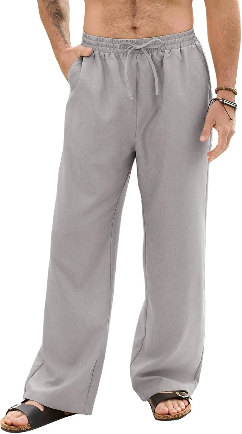 Mens Casual Pants Loose Fit Elastic Drawstring Waist Straight-Legs Summer Yoga Beach Trousers
