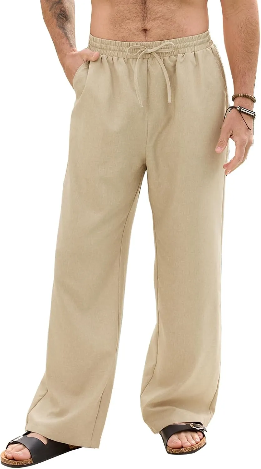 Mens Casual Pants Loose Fit Elastic Drawstring Waist Straight-Legs Summer Yoga Beach Trousers