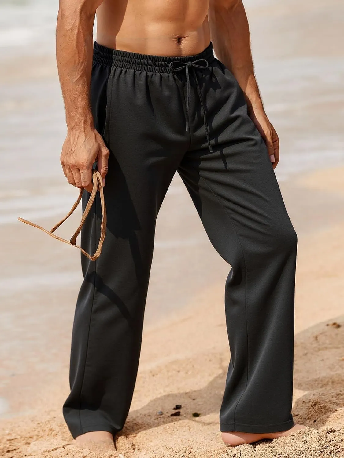 Mens Casual Pants Loose Fit Elastic Drawstring Waist Straight-Legs Summer Yoga Beach Trousers