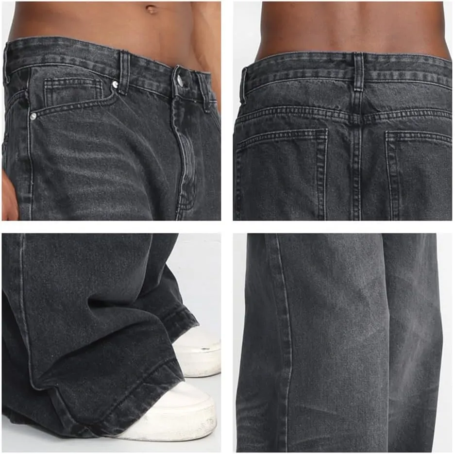 Mens Casual Relaxed Fit Stretch Wide Leg Jeans Washed Straight Fit Biker Jeans