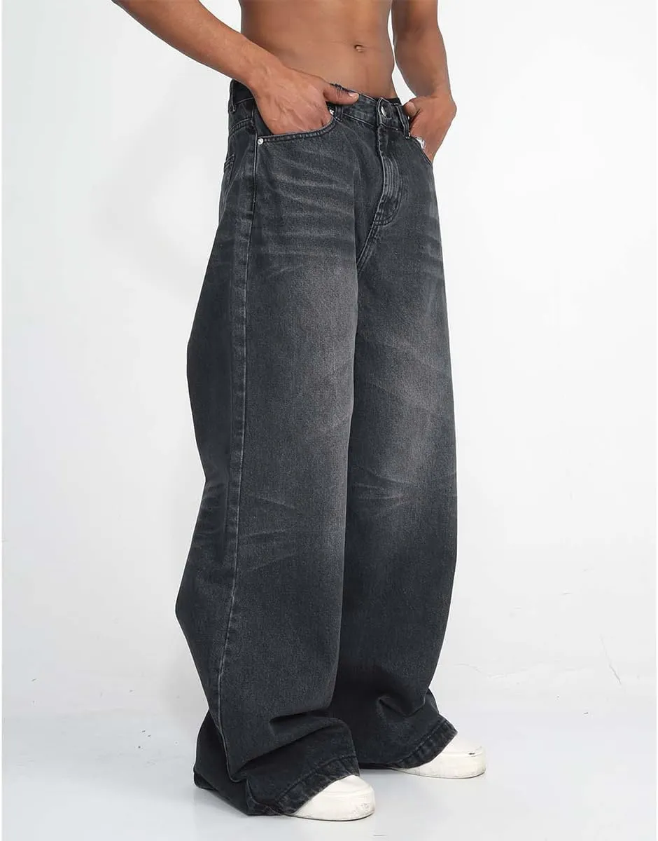 Mens Casual Relaxed Fit Stretch Wide Leg Jeans Washed Straight Fit Biker Jeans