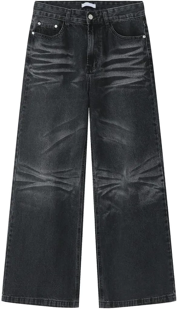 Mens Casual Relaxed Fit Stretch Wide Leg Jeans Washed Straight Fit Biker Jeans