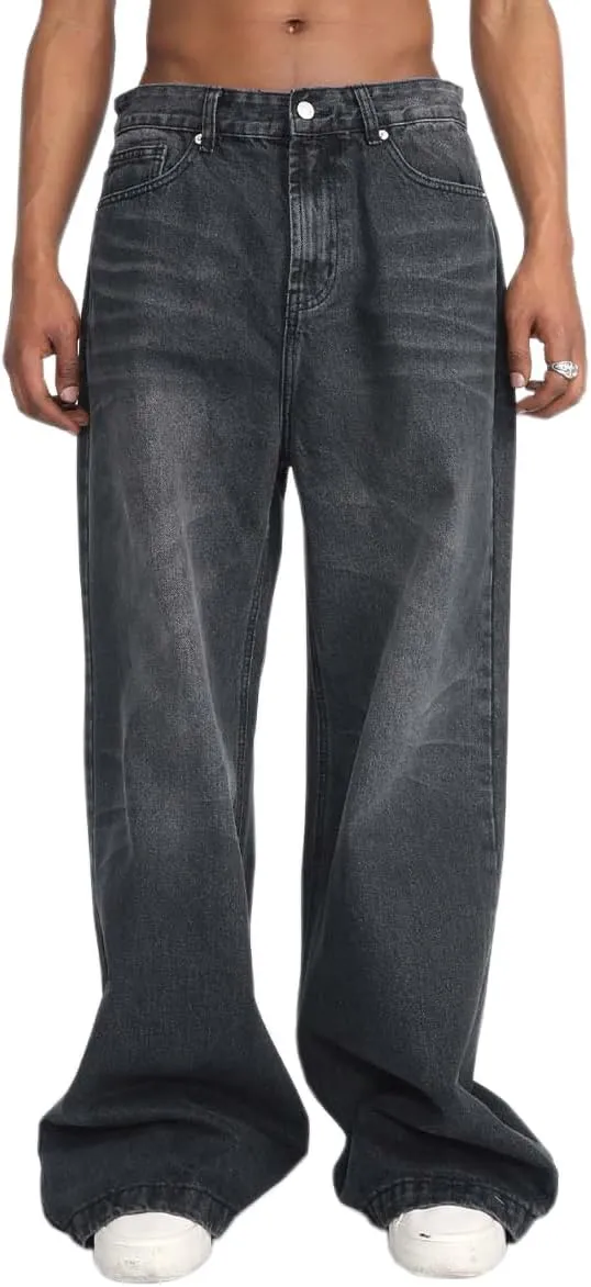 Mens Casual Relaxed Fit Stretch Wide Leg Jeans Washed Straight Fit Biker Jeans