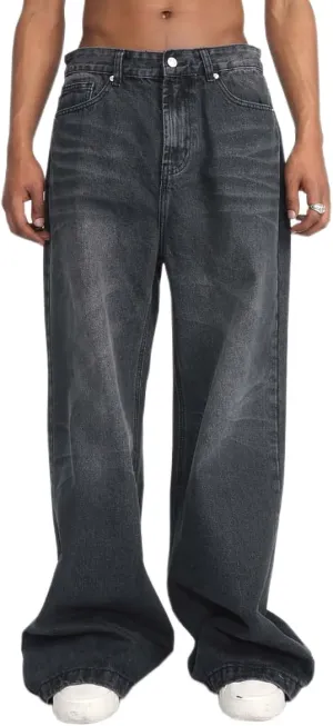 Mens Casual Relaxed Fit Stretch Wide Leg Jeans Washed Straight Fit Biker Jeans