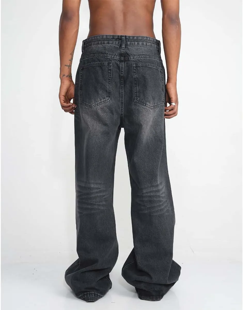 Mens Casual Relaxed Fit Stretch Wide Leg Jeans Washed Straight Fit Biker Jeans