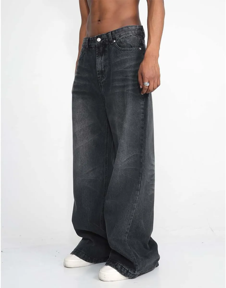 Mens Casual Relaxed Fit Stretch Wide Leg Jeans Washed Straight Fit Biker Jeans