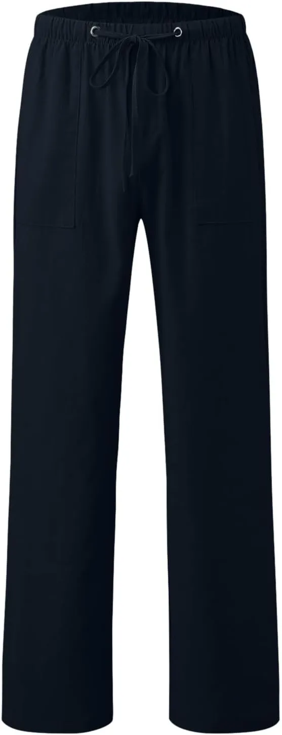 Mens Chino Pants Casual Linen Pants Drawstring Elastic Waist Summer Beach Pants Lightweight Plus Size Loose Fit Joggers
