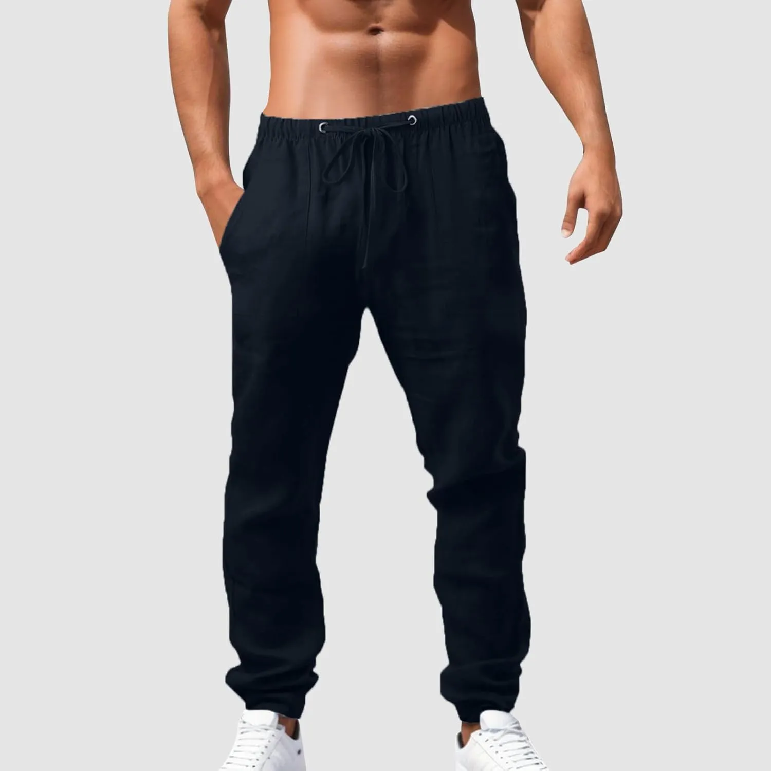 Mens Chino Pants Casual Linen Pants Drawstring Elastic Waist Summer Beach Pants Lightweight Plus Size Loose Fit Joggers