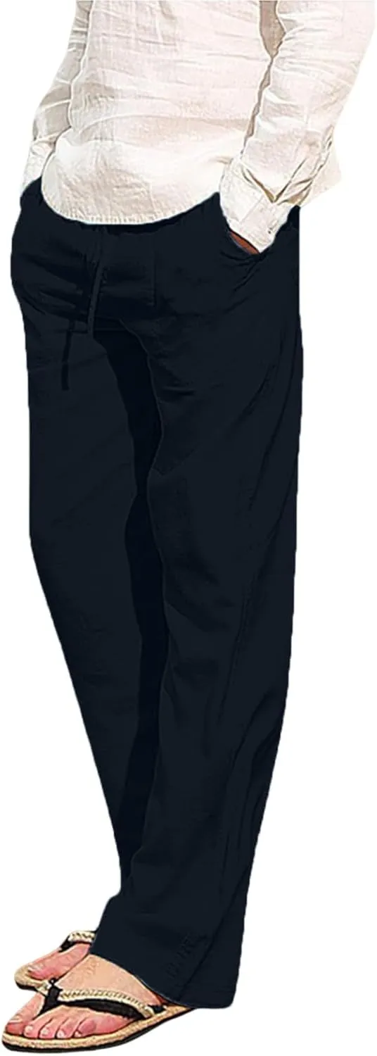 Mens Chino Pants Casual Linen Pants Drawstring Elastic Waist Summer Beach Pants Lightweight Plus Size Loose Fit Joggers