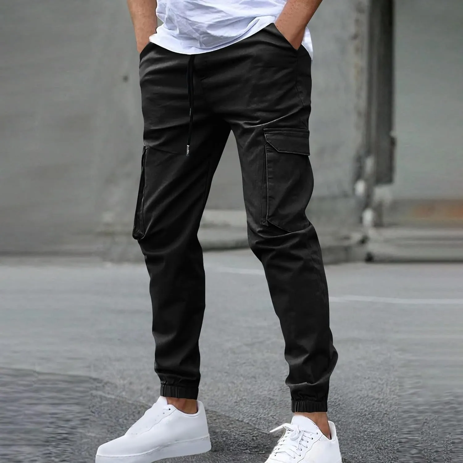Mens Chinos Pants Elastic Waist Drawstring Twill Durable Cargo Pants Stylish Slim Fit Cinch Bottom Tapered Trousers