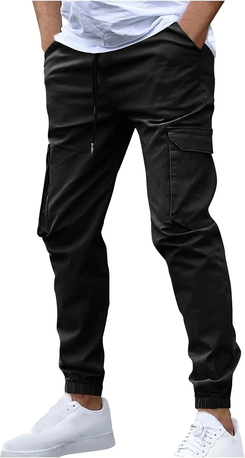 Mens Chinos Pants Elastic Waist Drawstring Twill Durable Cargo Pants Stylish Slim Fit Cinch Bottom Tapered Trousers