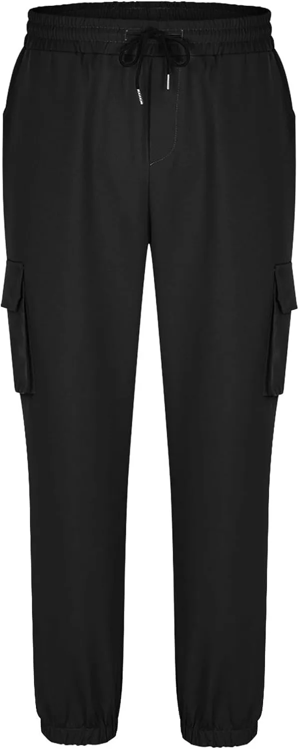 Mens Chinos Pants Elastic Waist Drawstring Twill Durable Cargo Pants Stylish Slim Fit Cinch Bottom Tapered Trousers