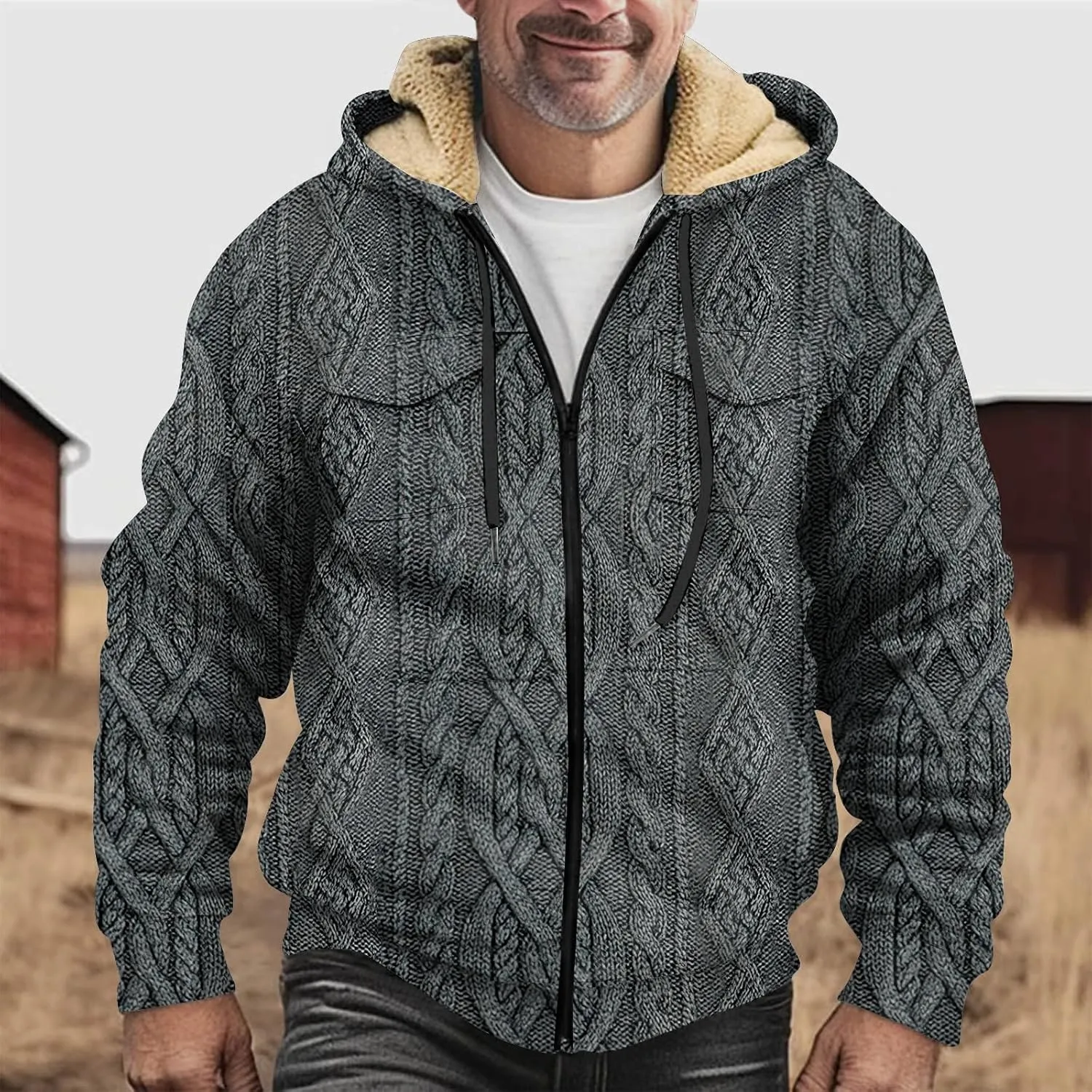 Mens Coats Winter Hoodies Pockets Long Sleeve Casual Graphic Zip Up Vintage Padded Jacket