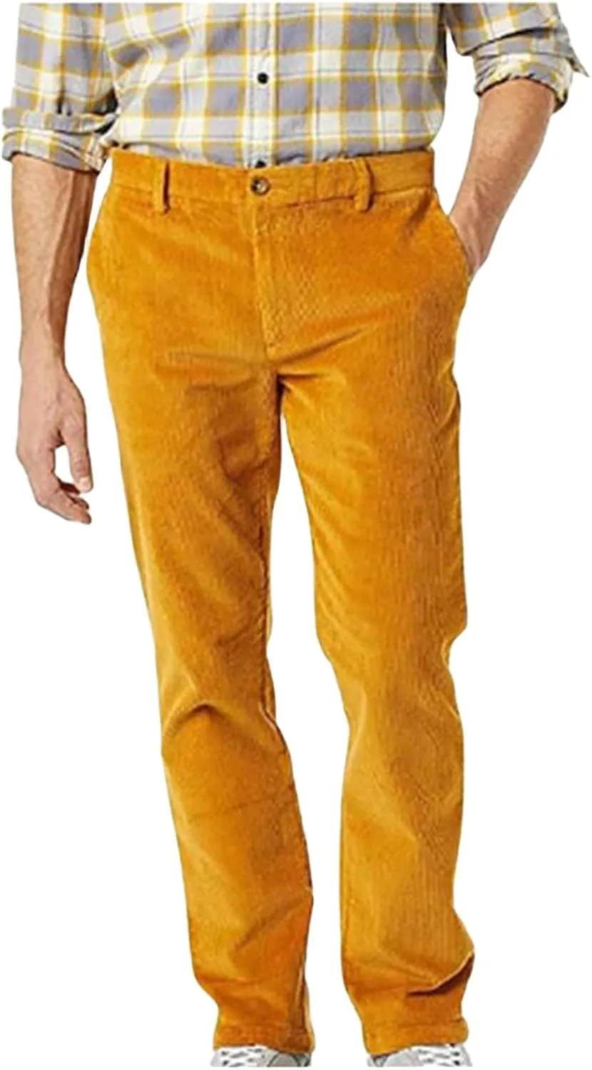 Mens Corduroy Pants Straight Classic-Fit Front Straight Casual Pants Elastic Waist Twill Utility Work Trousers