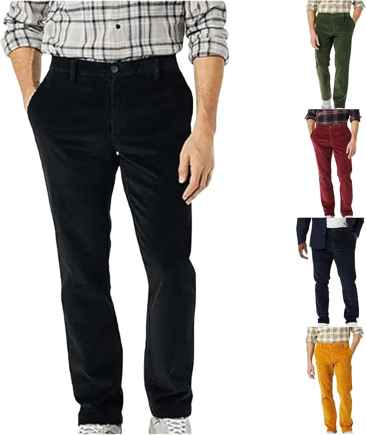 Mens Corduroy Pants Straight Classic-Fit Front Straight Casual Pants Elastic Waist Twill Utility Work Trousers