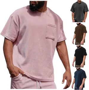 Men's Corduroy T-Shirts Short Sleeve Pullover Tees Crewneck Shirt Casual Solid Color Tshirts Summer Tops with Pocket