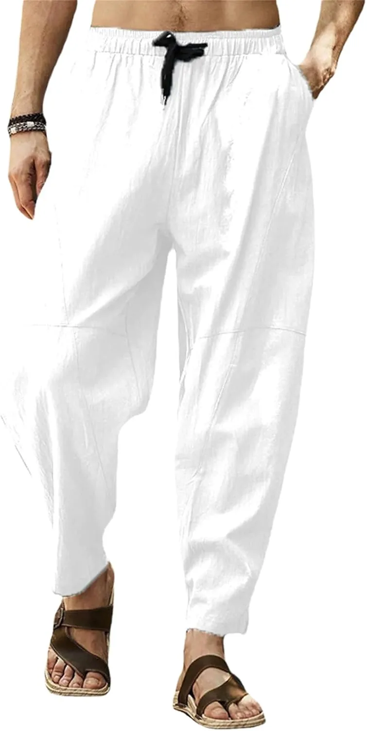 Men's Cotton Linen Casual Hip-Hop Pants Elastic Waist Drawstring Lightweight Pans Loose Fit Summer Beach Yoga Trousers