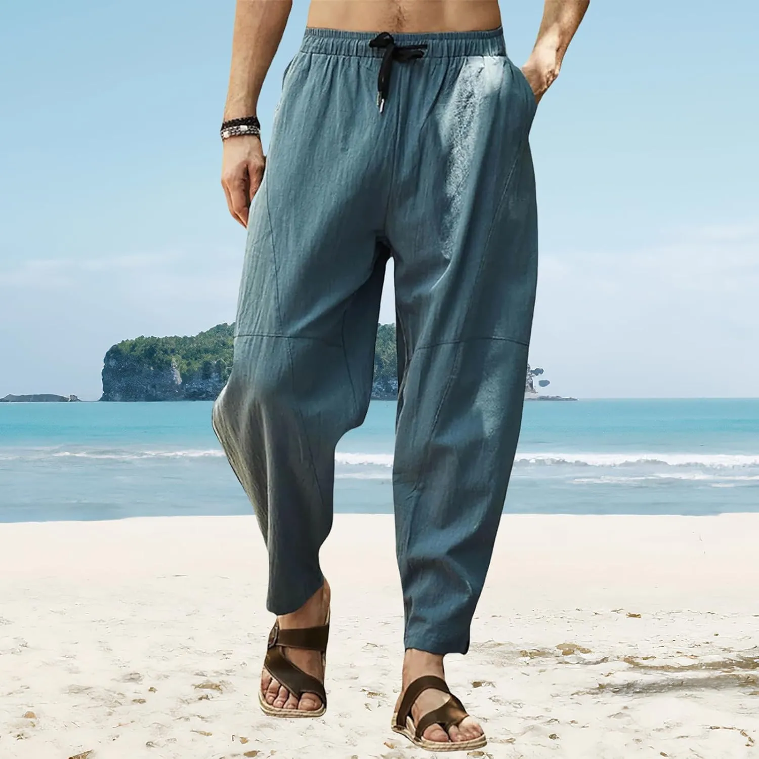 Men's Cotton Linen Casual Hip-Hop Pants Elastic Waist Drawstring Lightweight Pans Loose Fit Summer Beach Yoga Trousers