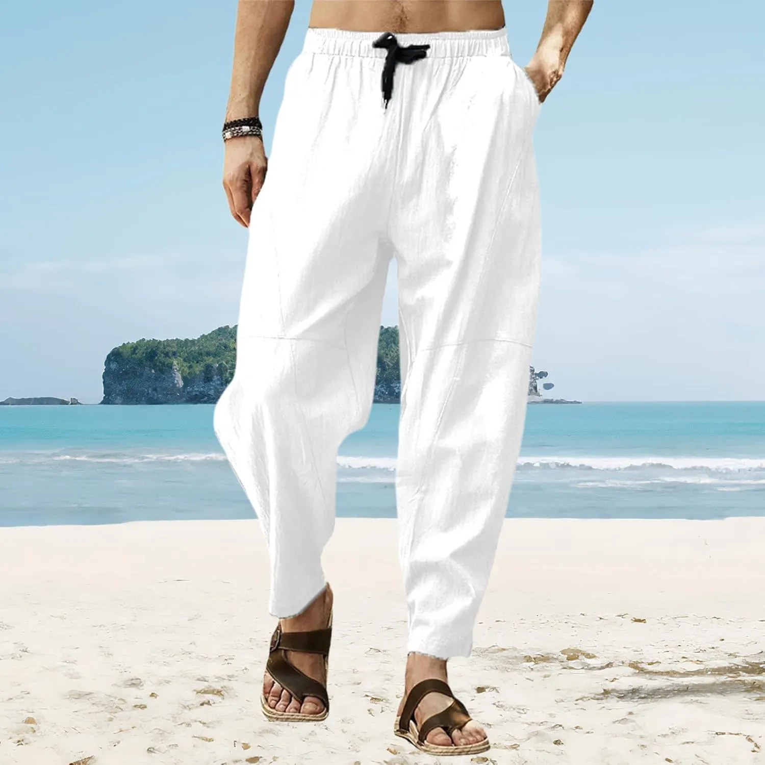 Men's Cotton Linen Casual Hip-Hop Pants Elastic Waist Drawstring Lightweight Pans Loose Fit Summer Beach Yoga Trousers