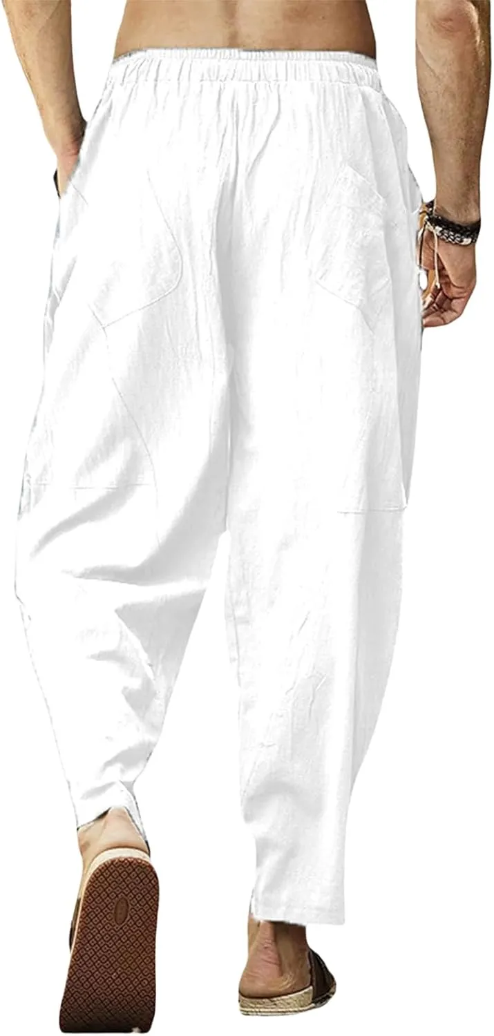 Men's Cotton Linen Casual Hip-Hop Pants Elastic Waist Drawstring Lightweight Pans Loose Fit Summer Beach Yoga Trousers