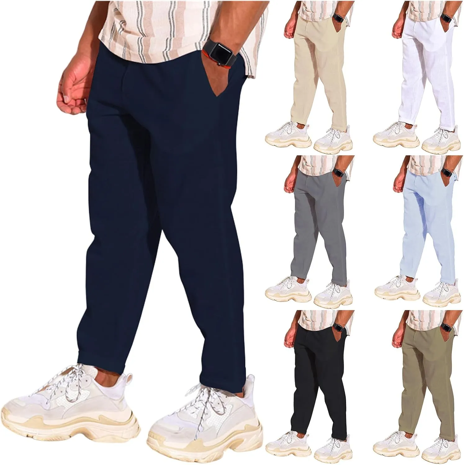 Mens Cotton Linen Casual Pants Drawstring Straight Elastic Waist Trousers Lightweight Slim Plaid Stretch Dress Pants