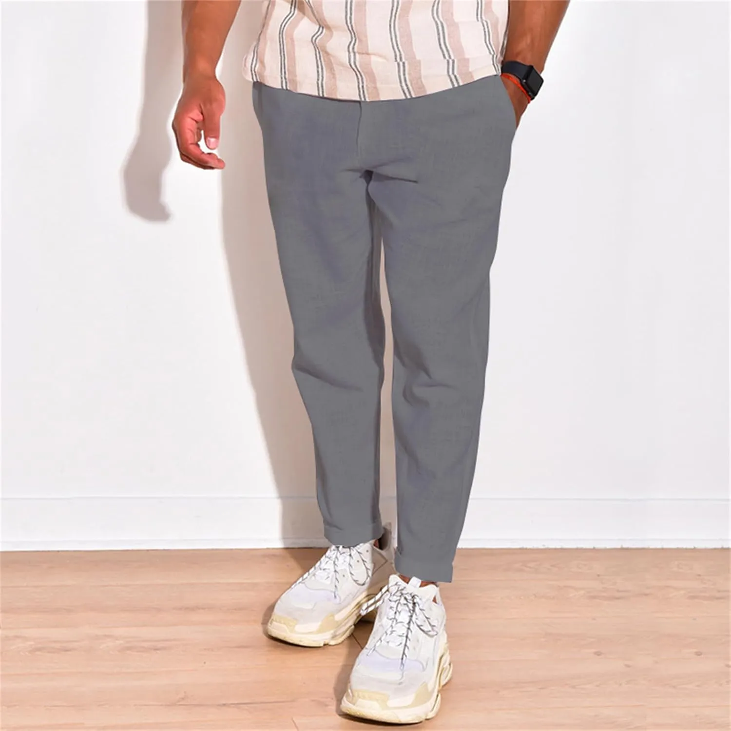 Mens Cotton Linen Casual Pants Drawstring Straight Elastic Waist Trousers Lightweight Slim Plaid Stretch Dress Pants