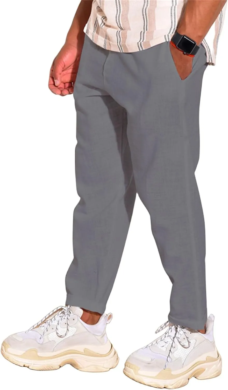 Mens Cotton Linen Casual Pants Drawstring Straight Elastic Waist Trousers Lightweight Slim Plaid Stretch Dress Pants