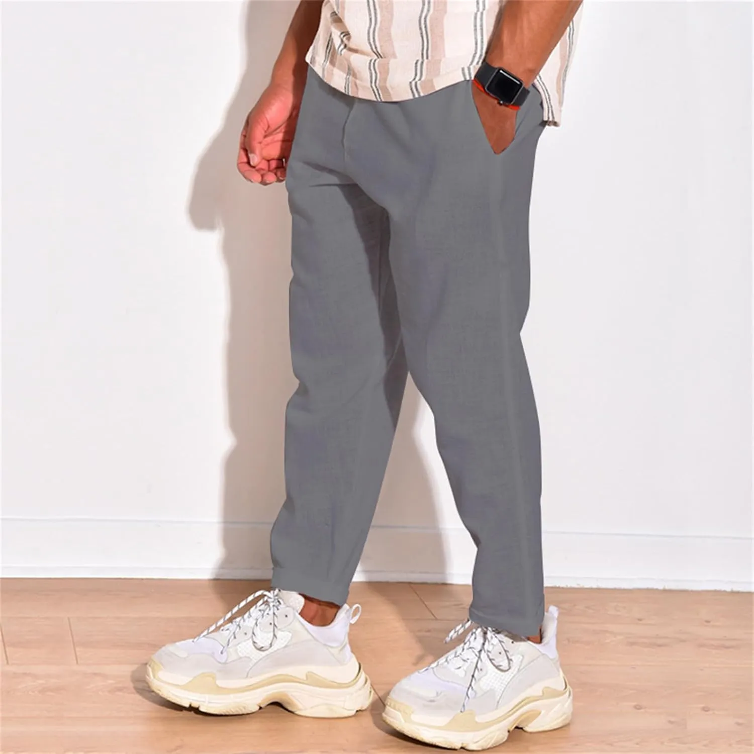 Mens Cotton Linen Casual Pants Drawstring Straight Elastic Waist Trousers Lightweight Slim Plaid Stretch Dress Pants