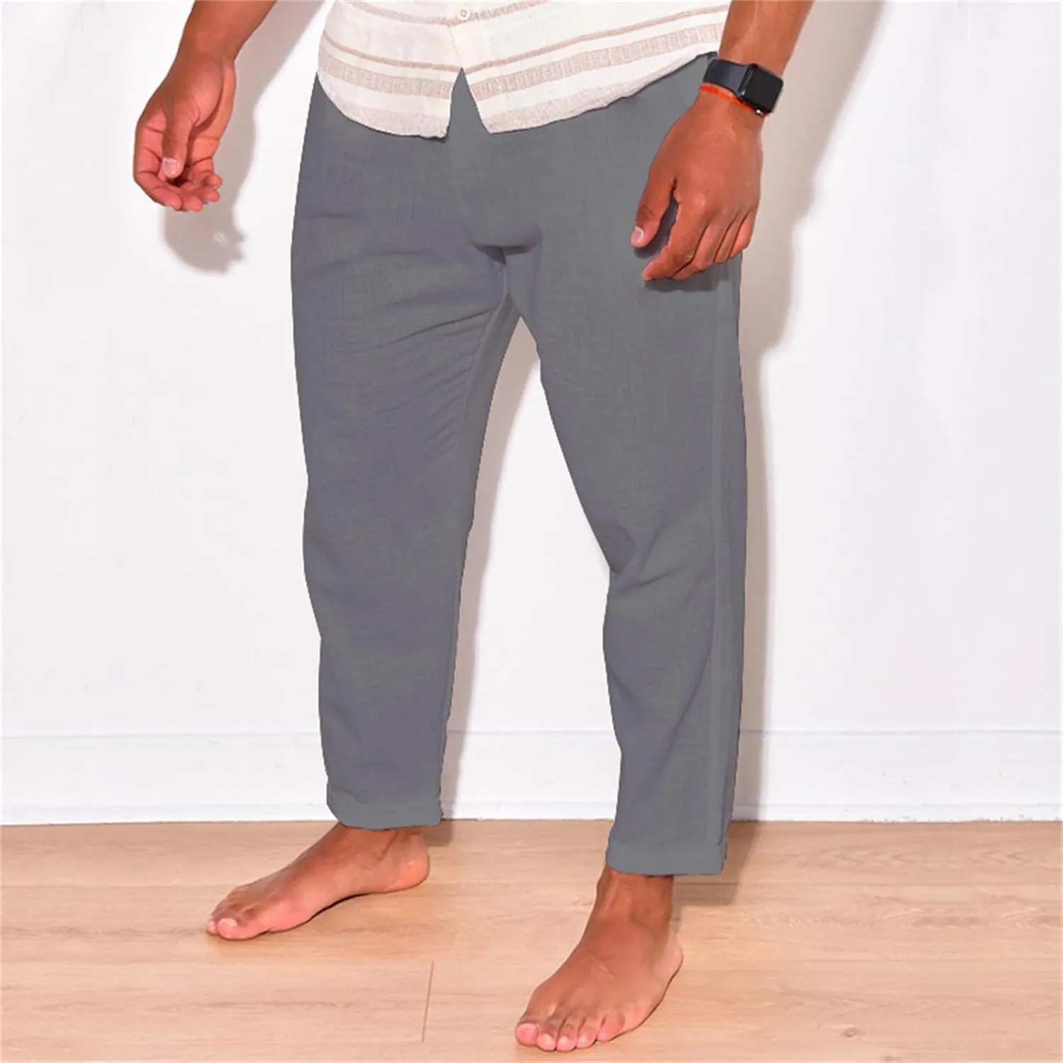 Mens Cotton Linen Casual Pants Drawstring Straight Elastic Waist Trousers Lightweight Slim Plaid Stretch Dress Pants