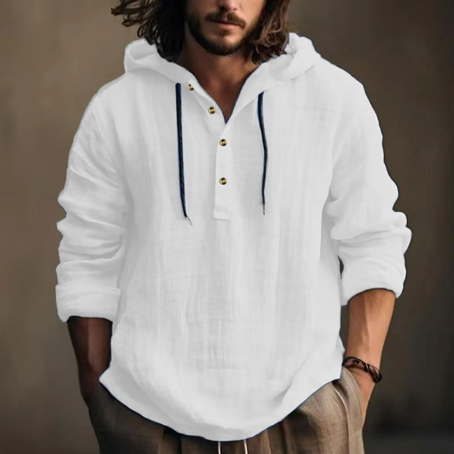 Mens Cotton Linen Hoodies Long Sleeve Casual Summer Beach Hippie Shirts with Hood V Neck Button Up Fishing T-Shirts