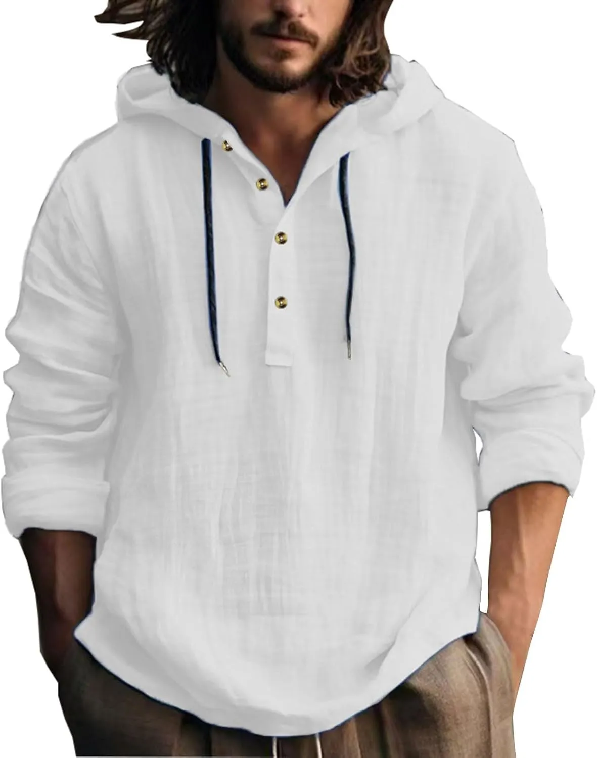 Mens Cotton Linen Hoodies Long Sleeve Casual Summer Beach Hippie Shirts with Hood V Neck Button Up Fishing T-Shirts