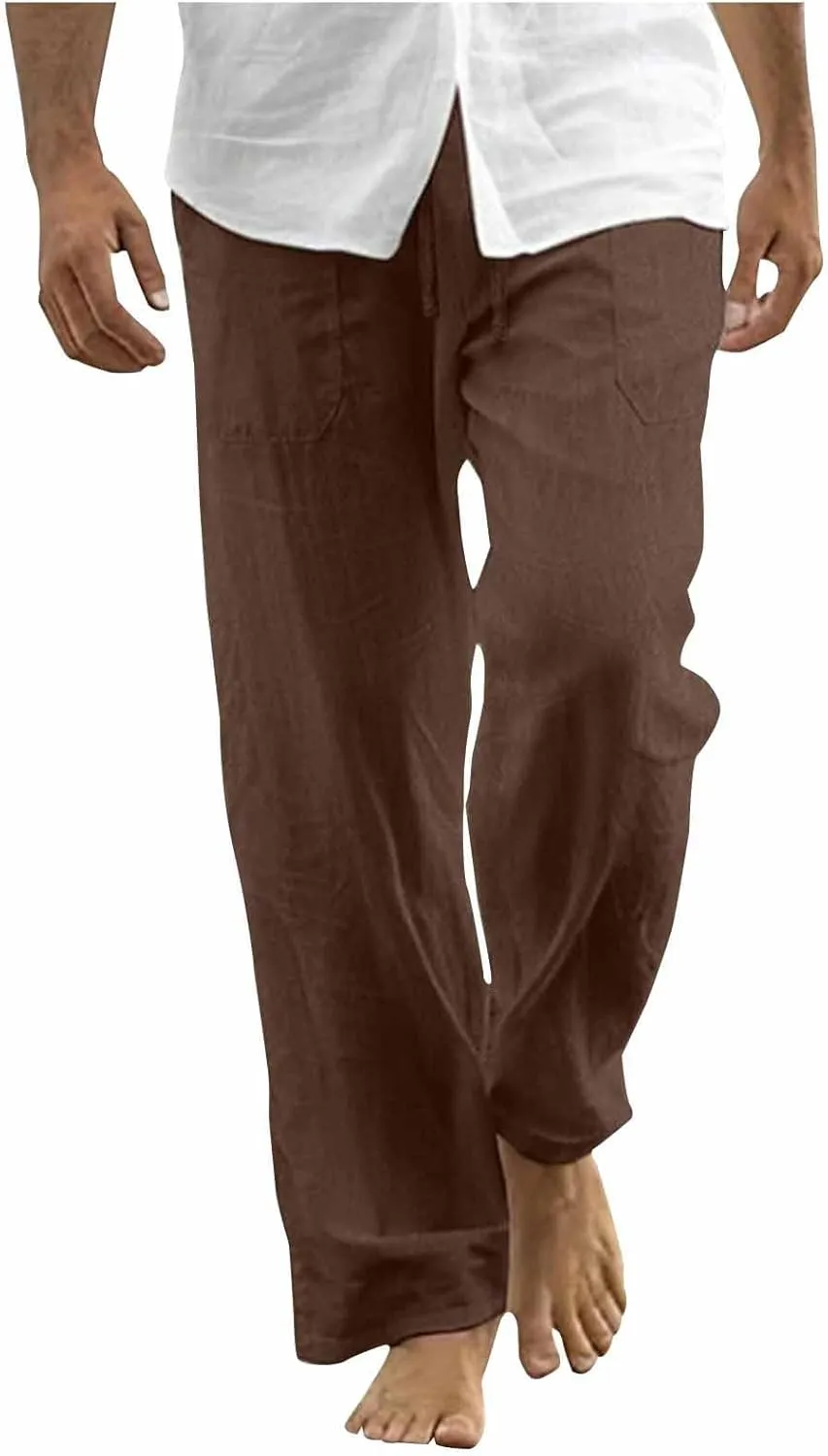 Mens Cotton Linen Joggers Sweatpants Casual Drawstring Elastic Waist Pant Baggy Quick Drying Workout Straight Trouser