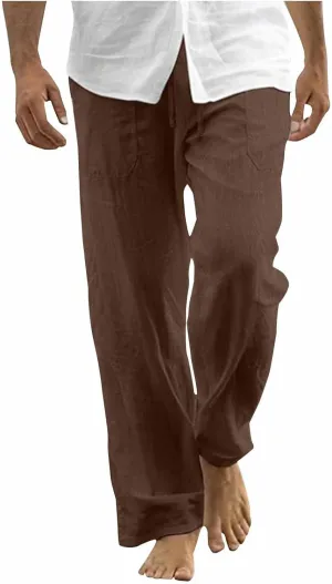 Mens Cotton Linen Joggers Sweatpants Casual Drawstring Elastic Waist Pant Baggy Quick Drying Workout Straight Trouser